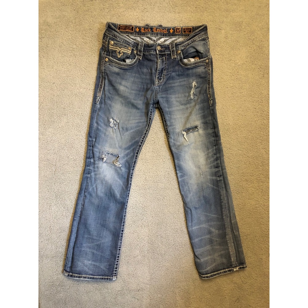Rock Revival Scarab Bootcut Jeans Mens 36 Distressed Medium Wash Embroidered